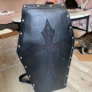 Black Coffin-Shaped Backpack with Cross Design